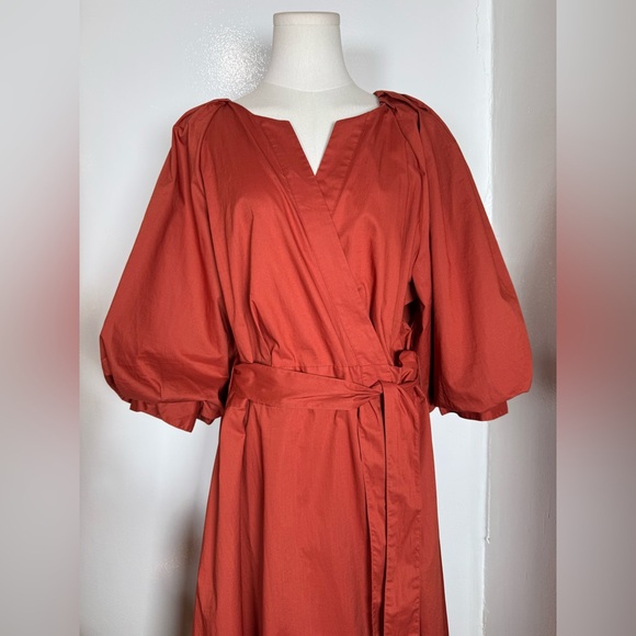 Banana Republic Rust Orange Blouson Cotton Puff Sleeves Wrap Dress Size XL - Picture 3 of 12